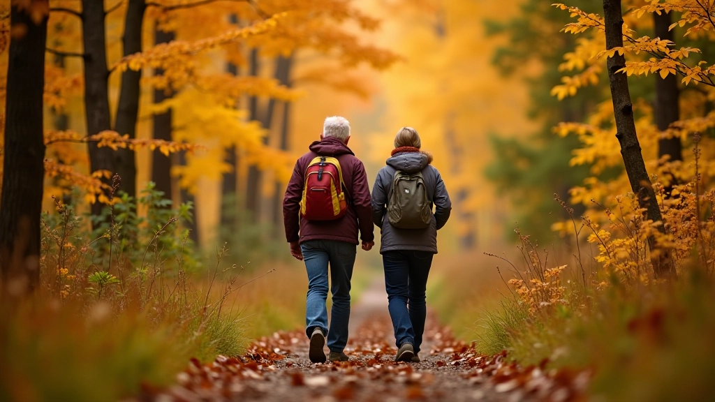 Seniori pastaigā dabā rudens sezonā