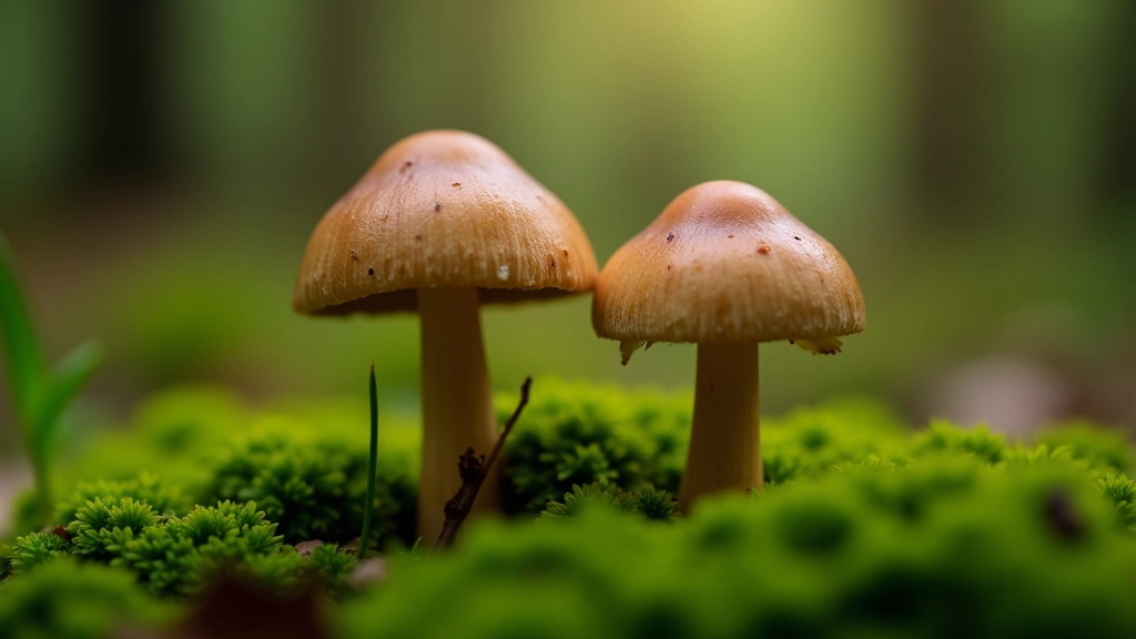 Divi brūni sēņi uz zaļas pakaļes meža vidū, makro fotografija