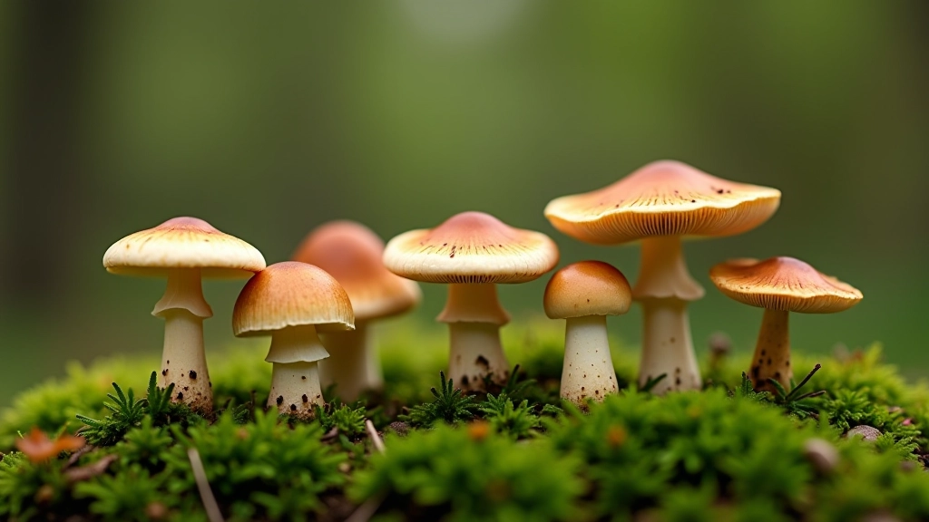 Dažādas sēņu sugas blakus viena otrai meža vidū, makro fotografija